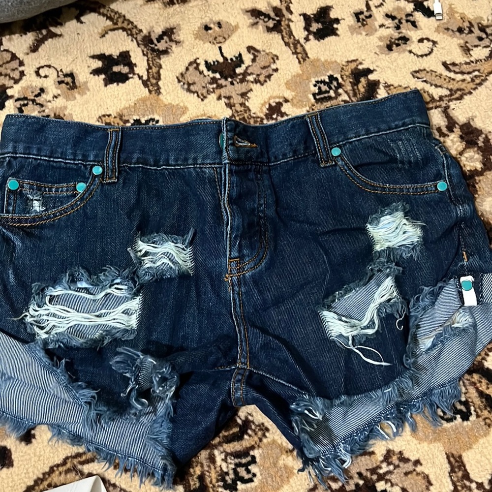 Dark denim shorts.